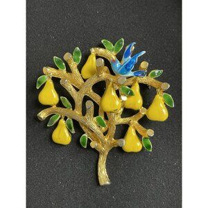 Vintage Signed CADORO Enamel Pear & Bird Tree Brooch Pin Yellow Gold Tone